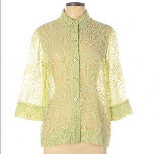 Ruby Rd. Button Down Shirt Lime Green Sheer Floral